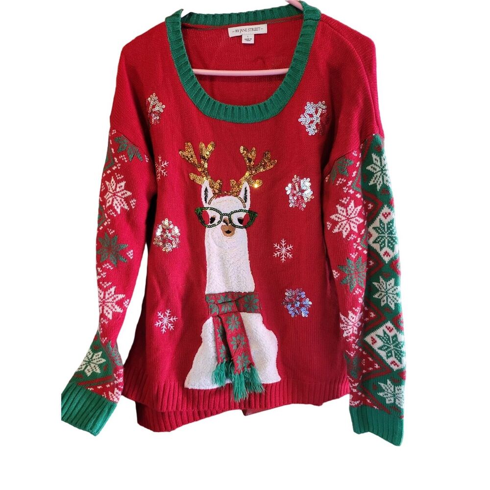 99 Jane Street Ugly Christmas Sweater‎ Red L Womens Sequin Christmas Holiday